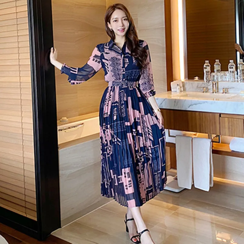 

Vintage Print Elegant Long Dress Women Autumn Pleated Shirt Dress Korean Slim Ankle-length Office Casual Party Dress Vestidos