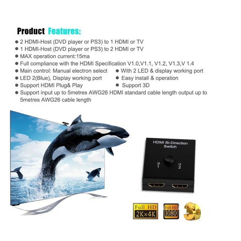 Гнездо-гнездо 3D 1,4 в 2 порта HDMI двунаправленный 2x1 переключатель или 1x2 разветвитель селектор