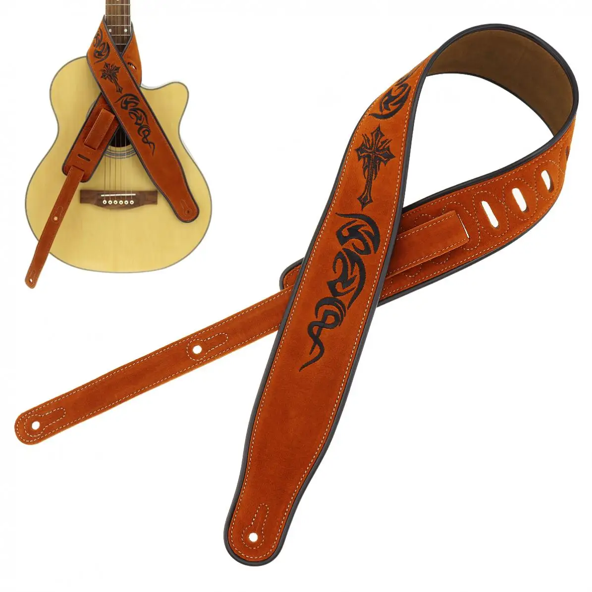 

Guitar Strap Genuine Leather Cow Suede Pattern Embroidery 7cm Widen with Antifriction Design for Acoustic Electric Bass Guitar