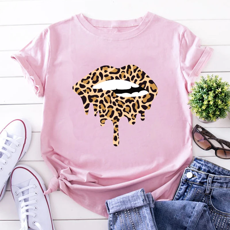 Summer Fashion Shirt Lips Leopard Graphic T Shirt Women Harajuku Tops  O-neck 4 colors Tee Kiss Lip Funny Girls  T-shirt