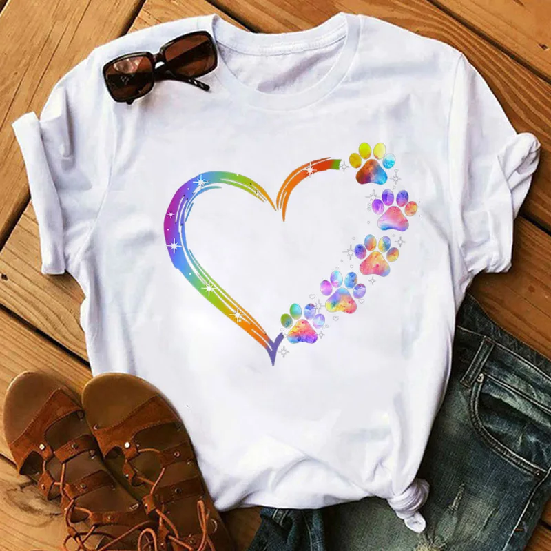 Women T Shirt Cartoon Tops Colorful Heart Dog Paw Print T-shirt Female Summer T-shirt 90s Girls Short Sleeve Tee Black T-shirts cute summer crop tops Tees