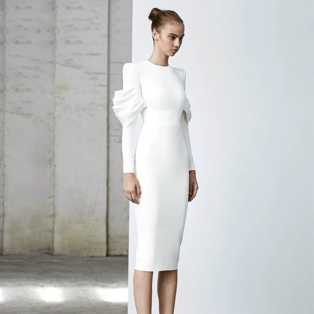 2022 Fashion Newest Women Dress White Long Sleece Ruffles Zipper Mid-Calf Bandage Dress Celebrity Elegant Party Wholesale