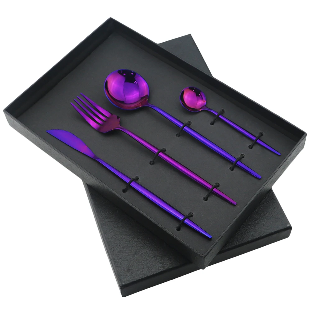5Pcs Dinnerware Set With Gift Box Mirror Cutlery Set 304 Stainless Steel Dinner Set Fork Knife Spoon Tableware Luxury Silverware - Цвет: Purple Box