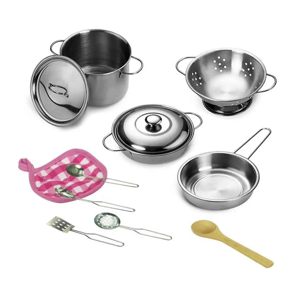 

12pcs Girls Kids Mini Pretend Play Tools Stainless Steel Children Kitchen Cookware Pots Pans Food Toys Set