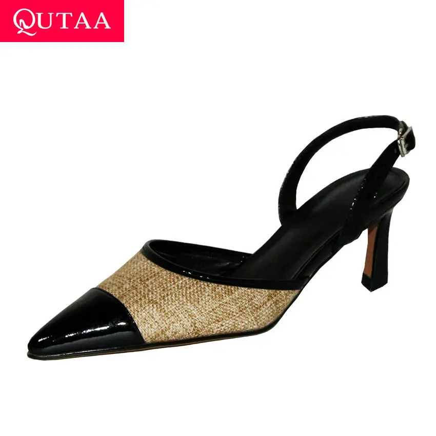 

QUTAA 2020 Cow Patent Leather Mixed Color Sandals Buckle Slingback Women Pumps Pointed Toe Square Heel Women Shoes Size 34-39