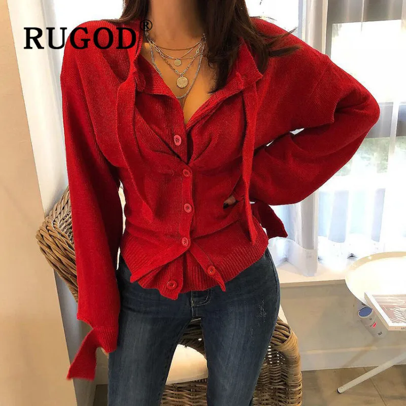 RUGOD, Новое поступление, сексуальный свитер, Топ для женщин, однотонный, с круглым вырезом, на шнуровке, туника, модный, с отверстиями, тонкий, вязаный, кардиган, женское, элегантное пальто