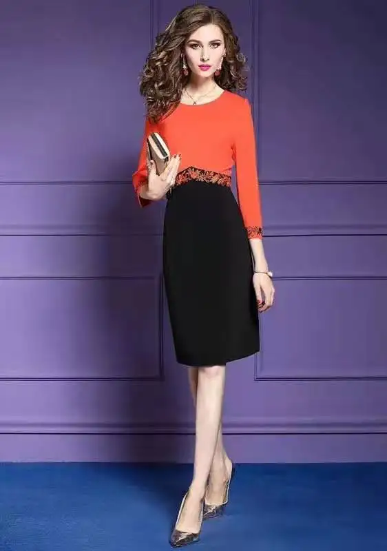 3XL 2XL платье Vestidos De Fiesta весеннее голубое оранжевое платье женское с круглым вырезом и вышивкой люрексом вечерние платья до колена с рукавом 3/4 - Цвет: orange