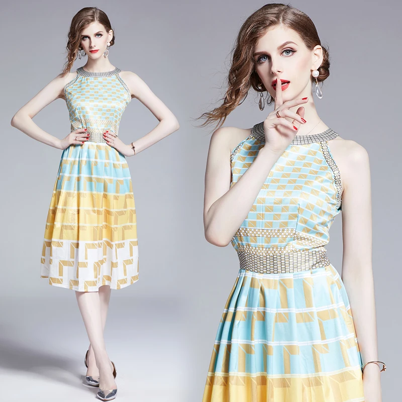 

JSXDHK Autumn Women Dress Runway Sleeveless Print Geometry Plaid Off Shoulder Pleated Slim Dress Fashion O Neck Holiday Vestidos