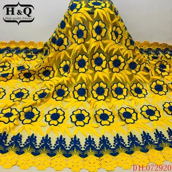 

H&Q nigerian lace fabric high quality water soluble yellow embroidery guipure net lace milk fiber fabrics 5 yards/pcs for sewing
