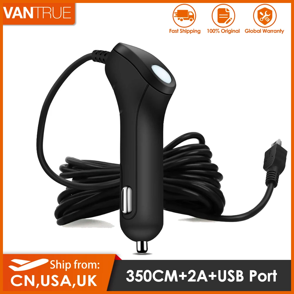 Vantrue carro traço cam carregador 5v 2a 11.4ft cabo longo com mini usb ou tipo c porta adaptador para carro dvr telefone móvel