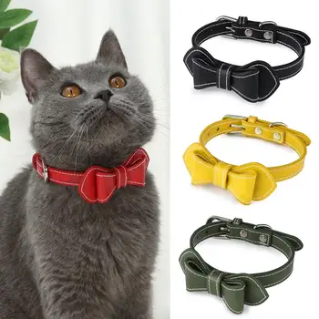 

2020 Fashion Cat PU Collar Soft Leather Puppy Necklace Dog Bowknot Necktie Adjustable Pet Collar Cat Supplies High Quality New