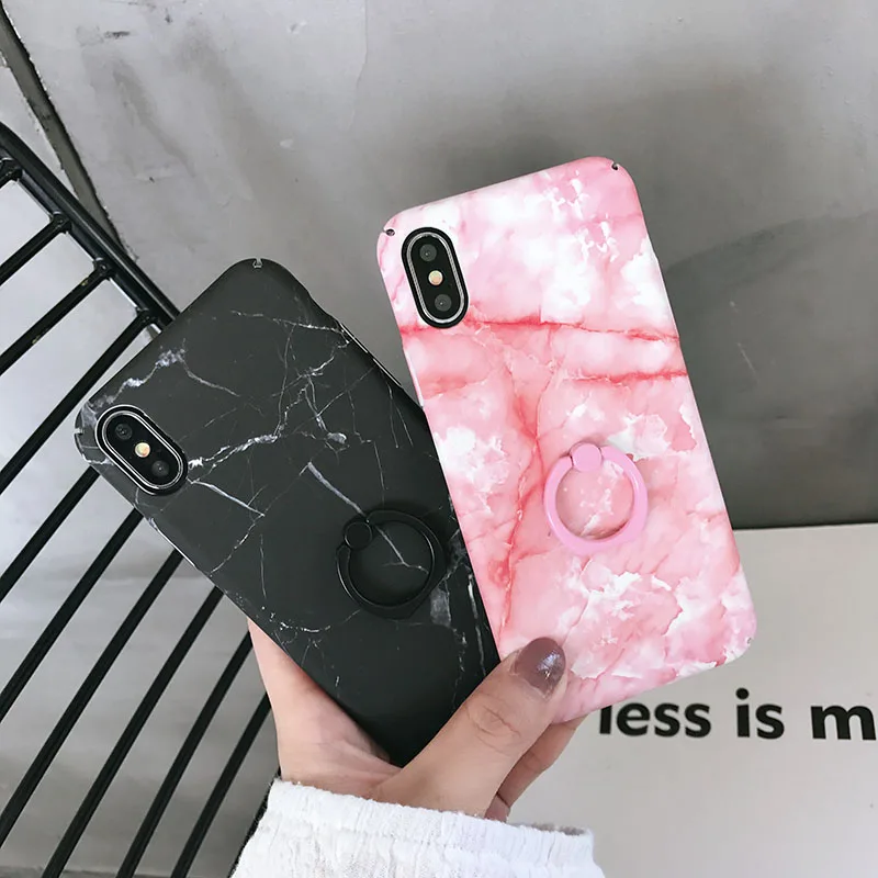 Marble Anti Shock Proof PC Hard Plastic Case Mobile Phone Cover Finger Ring for iPhone 6 7 8 P X XS mattle phone shell |