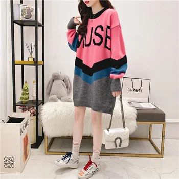 

Korean Letter Patchwork Women Long Sweater Plus Size Loose Pullover Autumn Winter 2020 Girl Tops Female Pink Knit Sueter Mujer
