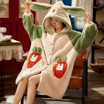 

Winter Pajamas Women Sleepwear Intensification Loose Version Hooded Coral Fleece Pyjamas Medium Style Plus Size Flannel Nighty