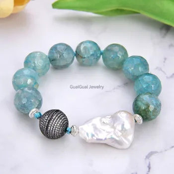 

GG Jewelry 8" 16mm Blue Agate Stone White Keshi Pearl Bracelet