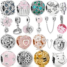 925, серебряный цвет, розовый, красный, прозрачный цветок, циркон, бисер, амулеты, подходят к оригиналу, Пандора, амулеты, браслет, Минни, Микки, клипсы, амулеты