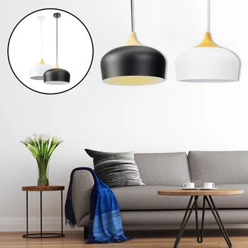 

Mising Simple Modern LED Lamp Wood Metal Pendant Lamp Black/White Round Vintage Wood Design Anti-Rust E27 30CM