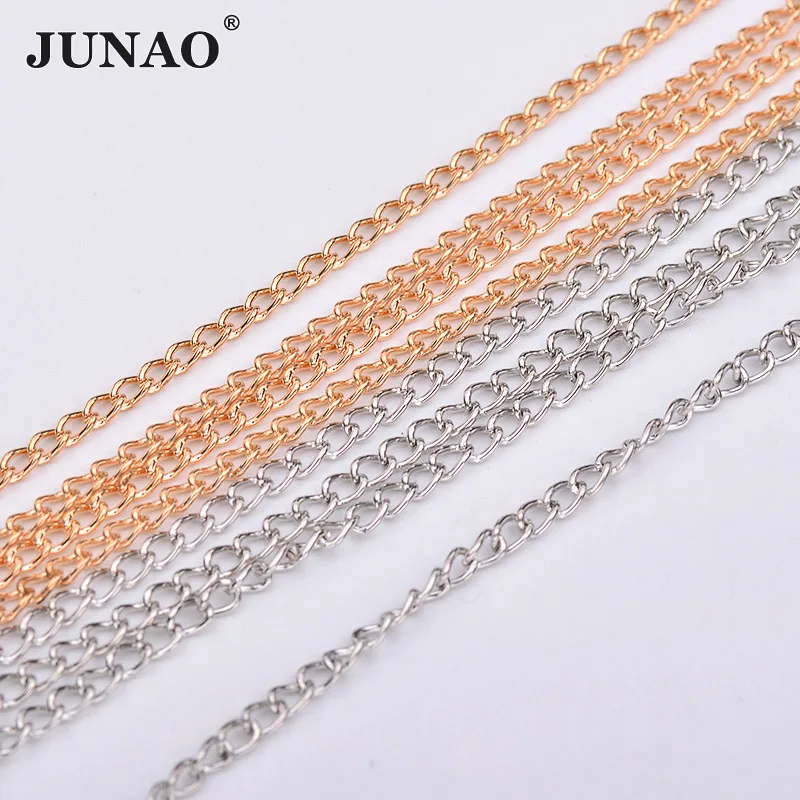 JUNAO, 3 мм, 6 мм, серебристо-золотой цвет, швейная лента, стразы, металлическая отделка, цепь, стальное звено, для изготовления ювелирных изделий, кисточка