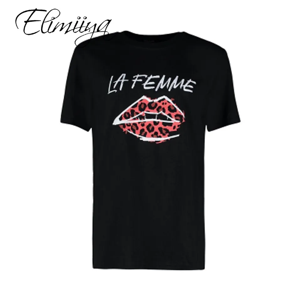 

Elimiiya New Fashion T-shirts Woman Spring Summer Lips Slogan Print Short Sleeve O-Neck T-Shirt Loose Women Tops Slim
