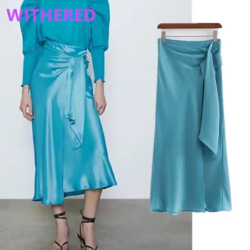 

Dave&Di england high street vintage elegant bow satin forking sexy midi skirt women faldas mujer moda 2020 long skirts womens