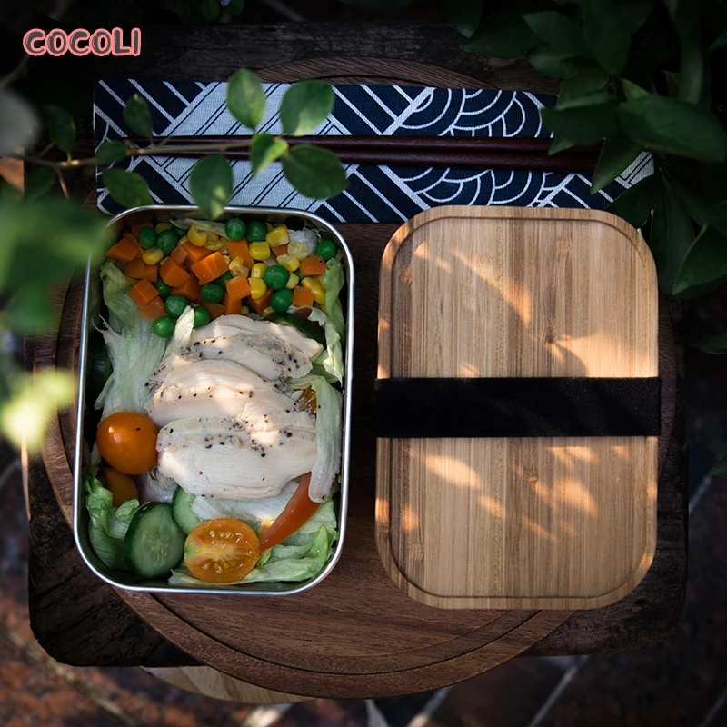 Японская нержавеющая сталь Дети Ланч-бокс с крышки из бамбука Bento Суши контейнер для закусок портативный еда хранения Bento box