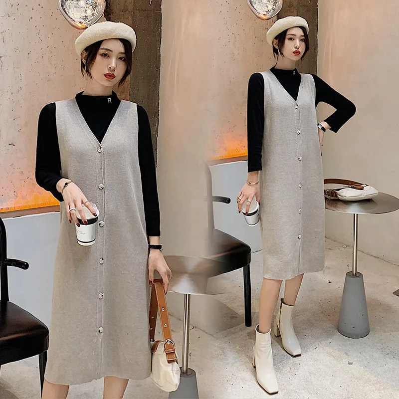 

2019 Autumn New Style Fashion Pure Cotton Base T-shirt + Sweater Vest Skirt Two-Piece Set Maternity Clothes