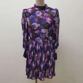 

Floral Print Women Mini Dress Stand Collar Long Sleeve Pleated Short Dresses Fashion 2020 New