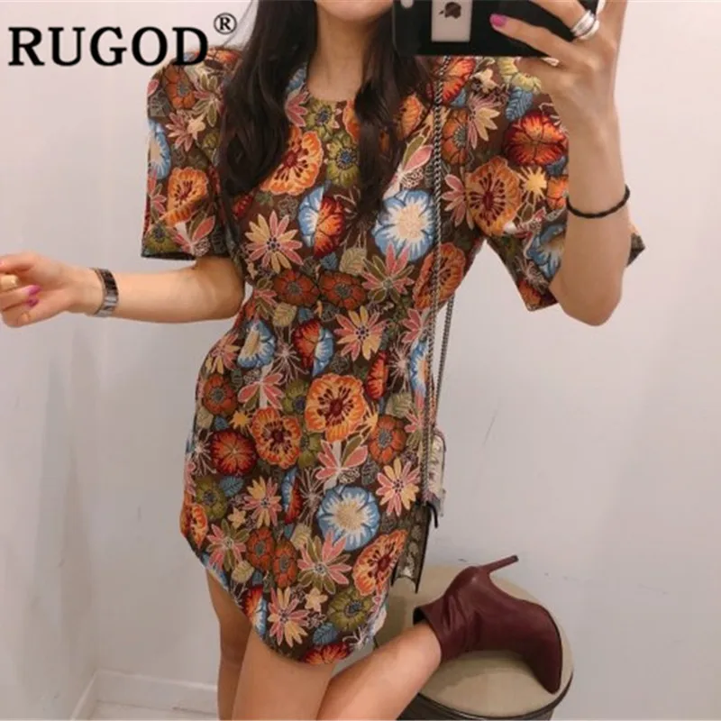 RUGOD платье для женщин,, круглый вырез, цветочный принт, а-силуэт, мини платье, плотное, осень и зима,, повседневное, для девушек, vestidos