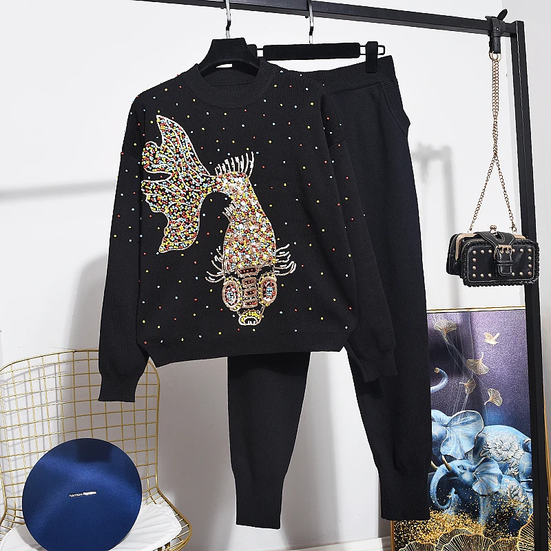 

Women Outfits Autumn Fashion Sequins Embroidery Goldfish Loose Knitted Sweater + Knit Pants set Female two Piece Set Tide G500