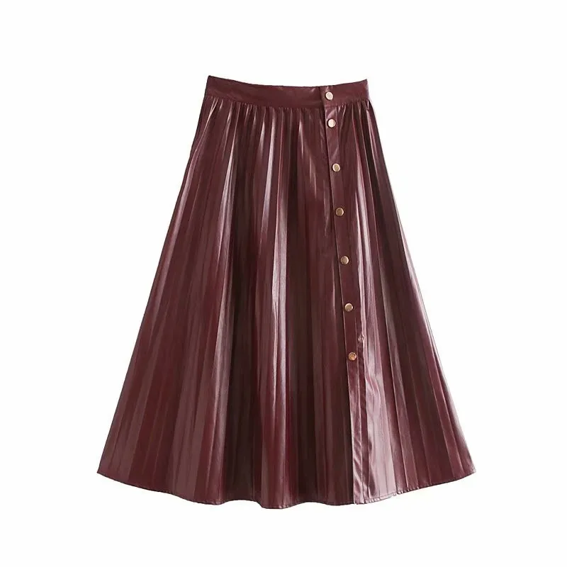 Женская модная плиссированная юбка из искусственной кожи, свободные юбки трапециевидной формы для женщин, Осень-зима, элегантная Офисная Женская юбка средней длины - Цвет: Wine Red