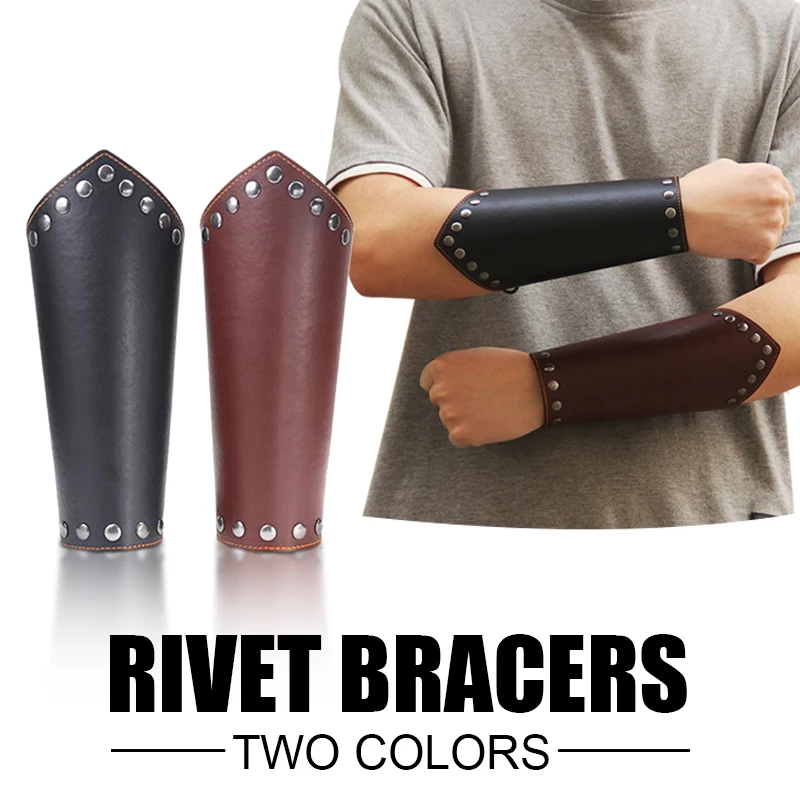 Punk Retro Warrior Knight Arm Wristband Rivet Wrist Brace PU Leather Plush Hair Armband Man Medieval Cosplay Costume Accessory steampunk leather waistband punk arm sleeve bracers bandages archery hand guards applicable cosplay costume accessories