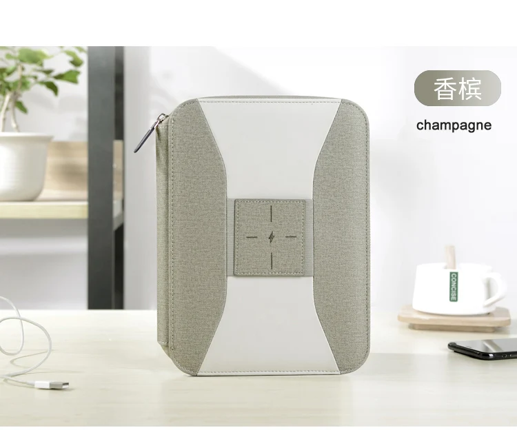 champagne color A5 креативный бизнес путешествия padfolio записная книжка короткий чехол портфель на молнии 5000 мАч Беспроводное зарядное устройство сумка 1319 - Цвет: champagne color