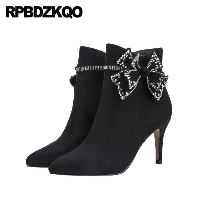 Ankle Boots Luxury Brand Shoes Women Plus Size 12 44 Pointed Toe Ladies Bow Black 10 Rhinestone