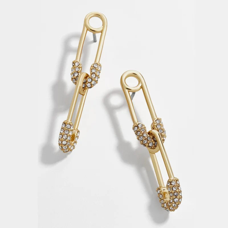 

Charm Crystal Two Inter-linked Safety Pin Earring for Women Gothic Gold Color Long Dangle Earring Hip Hop Female Jewelry Gift