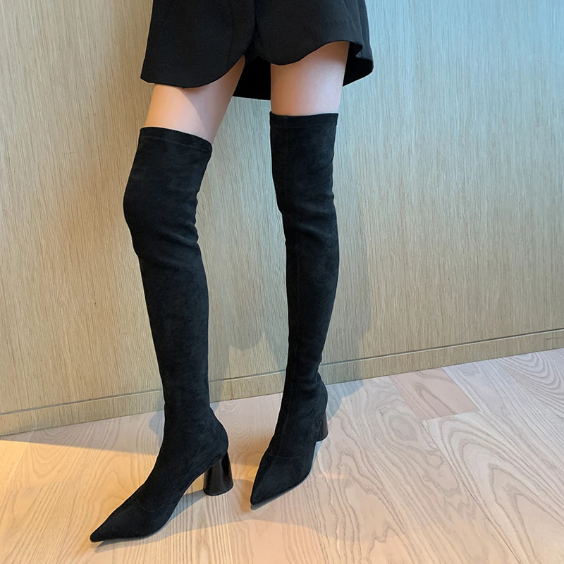 Vanessa’s Women Over The Knee High Boots Sexy Elegant Winter Shoes Square High Heel