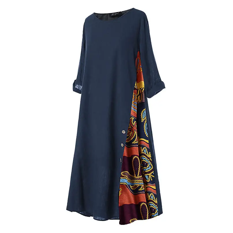 New Fashion Women Cotton Linen Dress Autumn Casual Patchwork 34 Sleeves O-Neck Button Plus Size Long Dress Women clothing 3A14 (4)