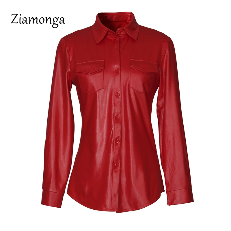 Red Ziamonga, черные, красные блузки из искусственной кожи, женские модные рубашки из искусственной кожи, элегантные женские топы с карманами - Цвет: Red