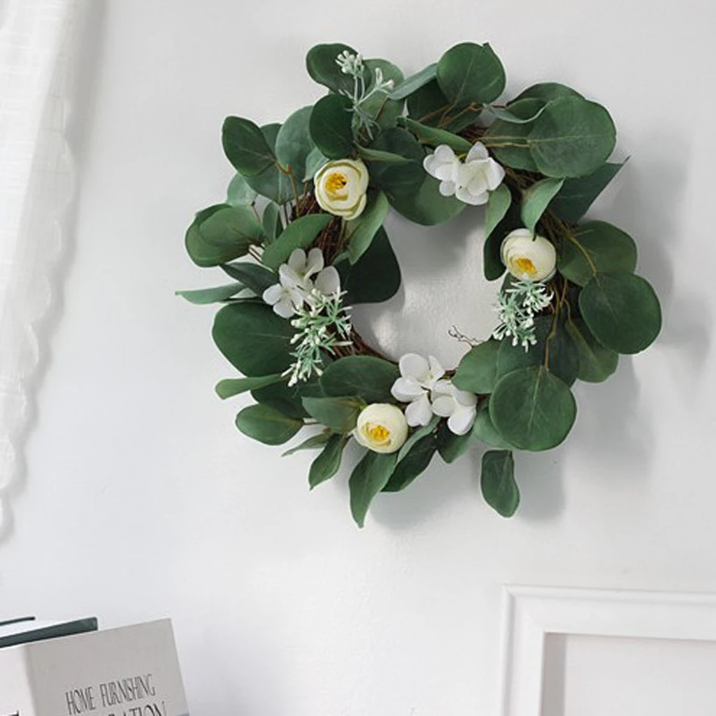 13.8 Inch Succulent Vine Wreath with White Flowers Arrangement for Front Door Home Office Real Twig Based Back