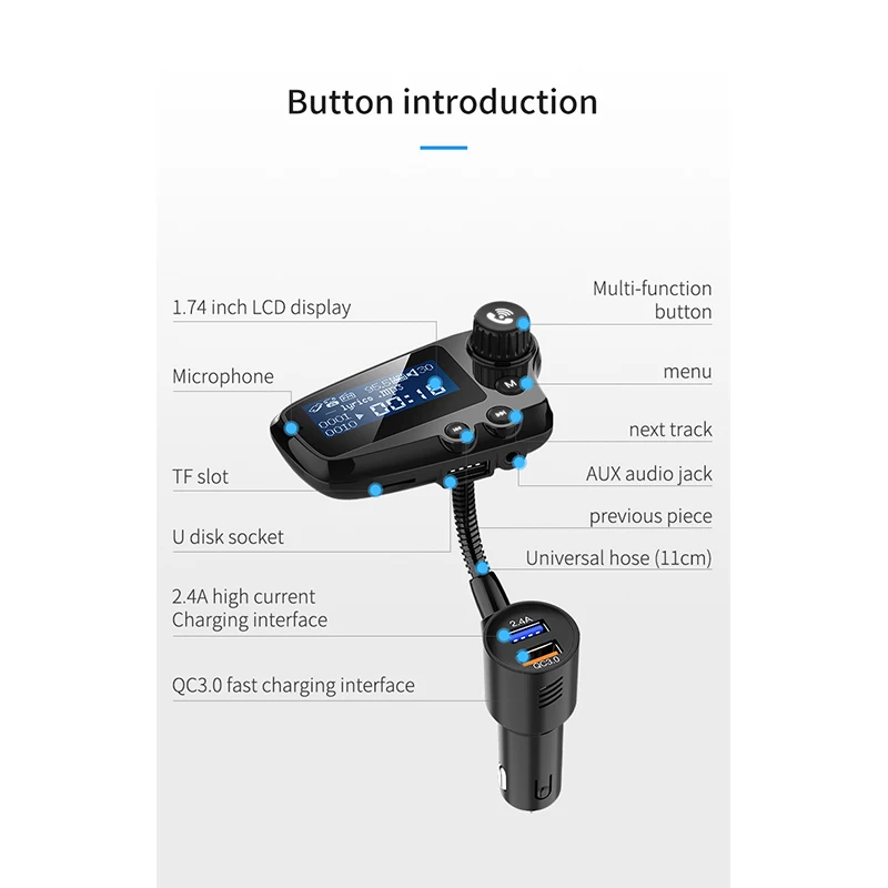 Bluetooth автомобильный комплект fm-передатчик автомобильный аудио mp3-плеер модулятор 1,74 дюймов ЖК-дисплей QC3.0 двойной USB Автомобильное зарядное устройство