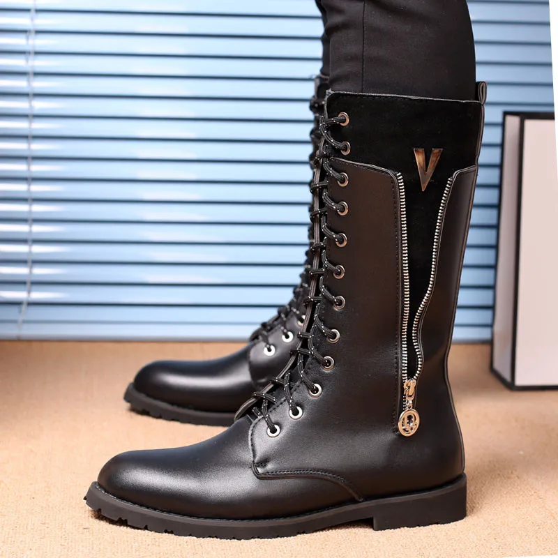 Size37-46 Скрытая каблук 4 см; Цвет: черный длинный Мужские ботинки из матовой кожи на шнуровке в стиле «панк» ковбойские сапоги мужские модные британский стиль Армейские сапоги
