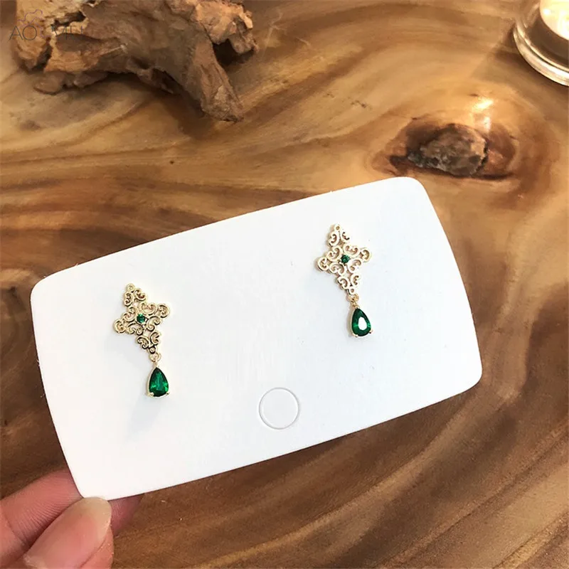 

AOMU Bohemian Ethnic Vintage Irregular Pattern Metal Green Crystal Zircon Stud Earrings for Women Birthday Gifts Party Jewelry