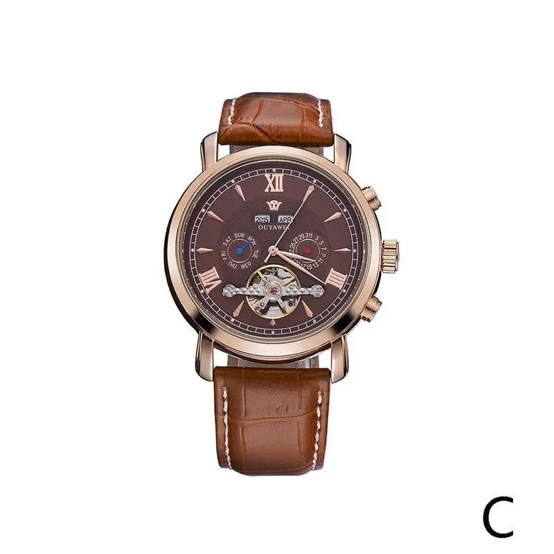 Hot Sale OUYAWEI Leather Automatic Multi-function Men's 30m Waterproof Mechanical Watch Luxury Brand Men Fashion Watches - Color: C