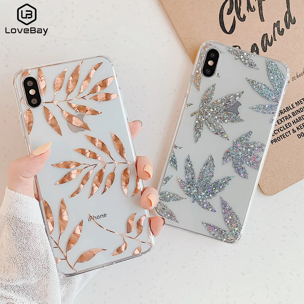 

Lovebay Plating Shining Maple Leaves Case For iPhone XR X XS Max 7 8 Plus Plant Gold Foil Tree Phone Transparent Case Back Cover