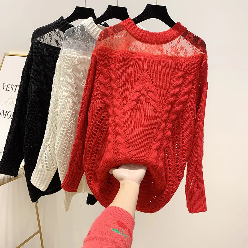 

Sweater Women 2020 Spring Winter New Sexy Hollow Transparent Lace Off-Shoulder Stitching Loose Sweater Blusas Femme Red Black