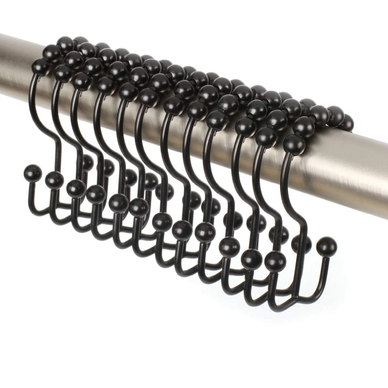 Shower Curtain Rings Hooks – Premium Stainless Steel – Set Of 12 Decorative Shower Curtain Hooks(Black