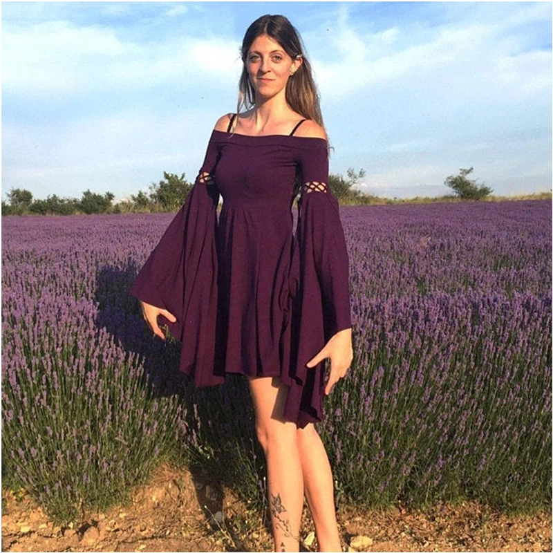 Женское винтажное платье эльф однотонное с открытыми плечами вырезом лодочкой