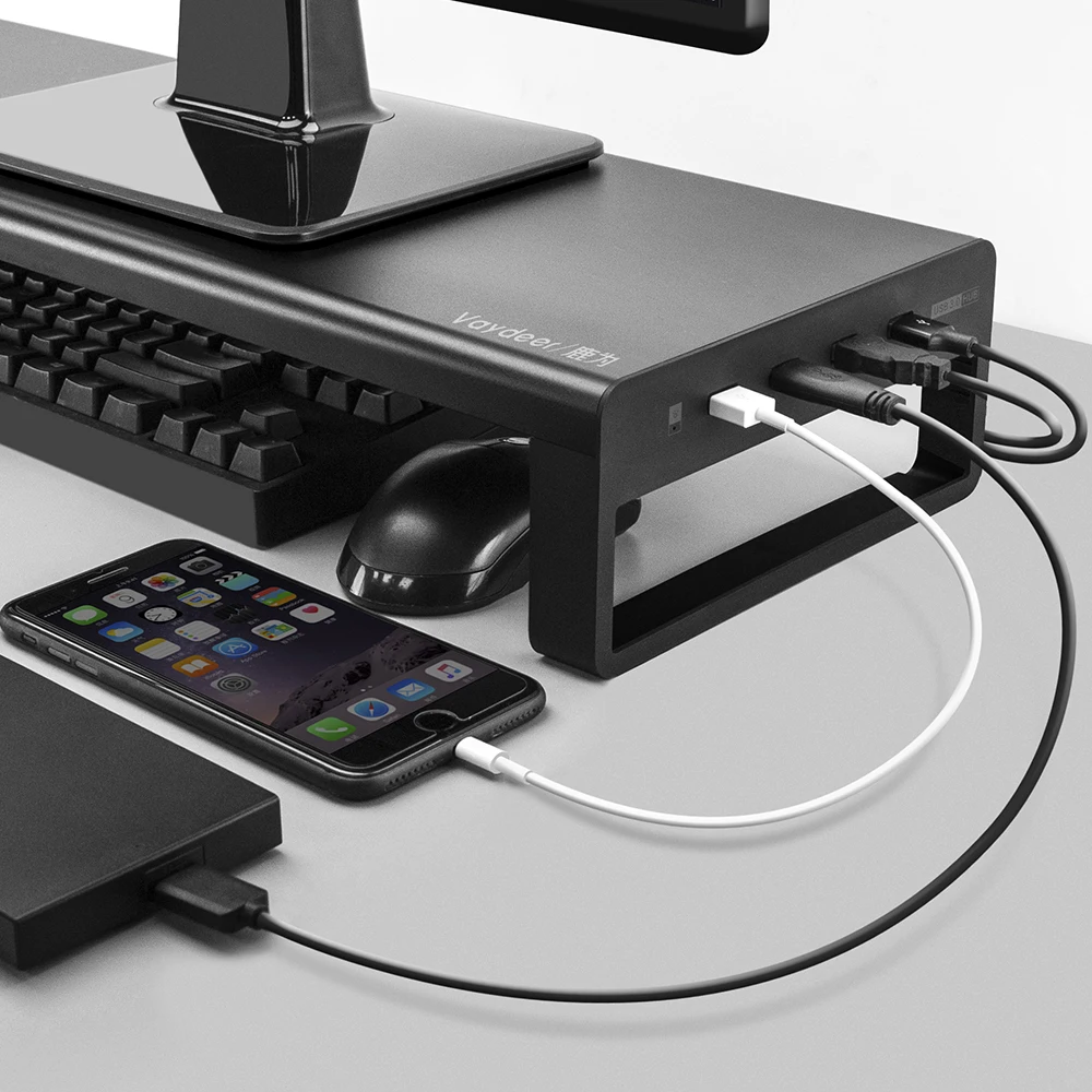 USB 3,0 Алюминиевая Подставка для монитора, металлический стояк с поддержкой передачи данных и зарядки, настольный органайзер для хранения клавиатуры и мыши
