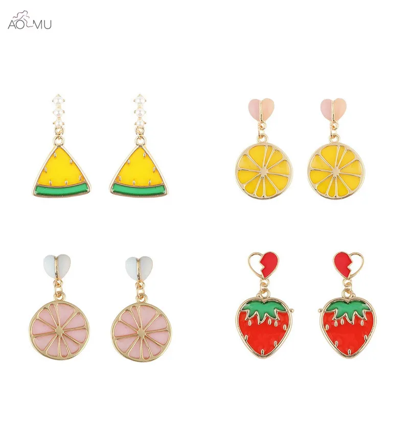 

AOMU Summer Cute Fruit Candy Color Pearl Love Enamel Watermelon Strawberry Lemon Drop Earrings for Women Gifts Party Jewelry