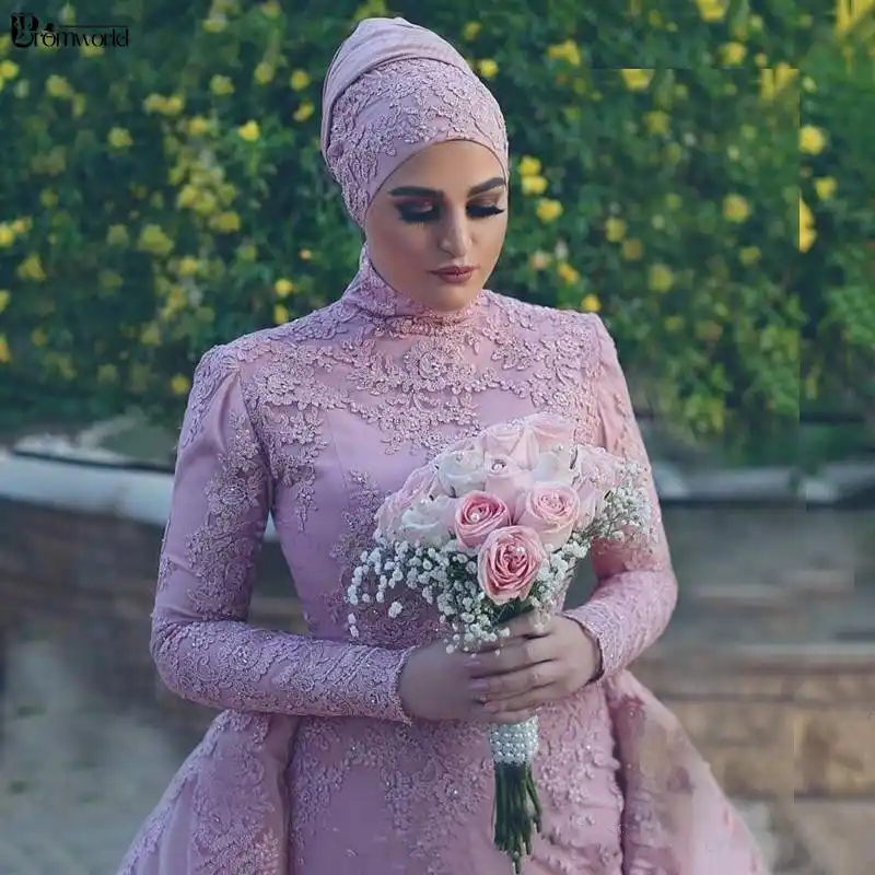 Pink Muslim Long Sleeves Evening Dresses 2020 Mermaid Tulle Lace Islamic Dubai Saudi Arabic Elegant Hijab Formal Evening Gown Aliexpress