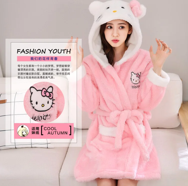 Женская фланелевая ночная рубашка hello kitty с длинным рукавом, банный халат, штаны, зимняя Милая Пижама с рисунком, Женская домашняя одежда, комплект одежды для сна